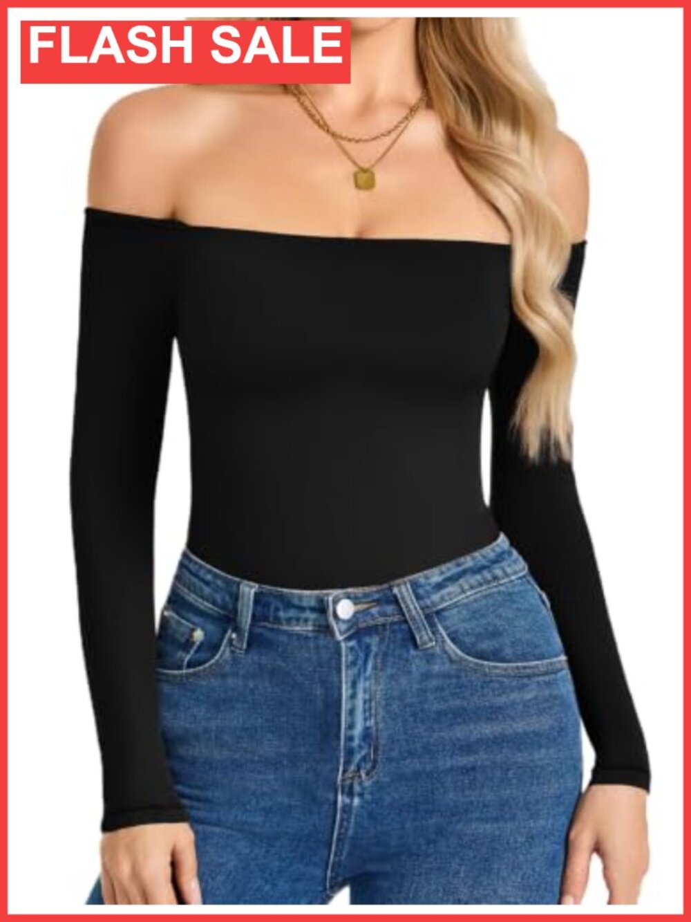 Off Shoulder Long Sleeve Bodysuit Thong Back Slim Fit Layering Top